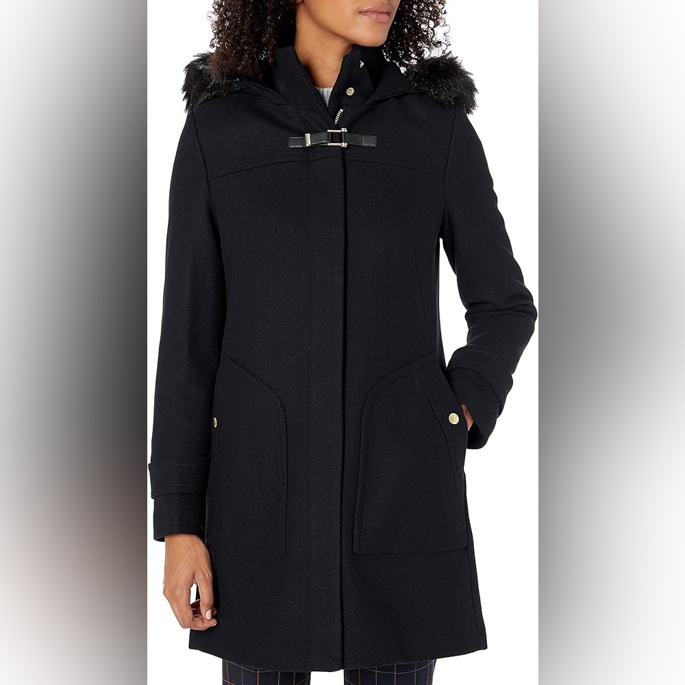 Cole Haan Signature Wool Blend Twill Duffle Hooded Faux Fur Trim Jacket